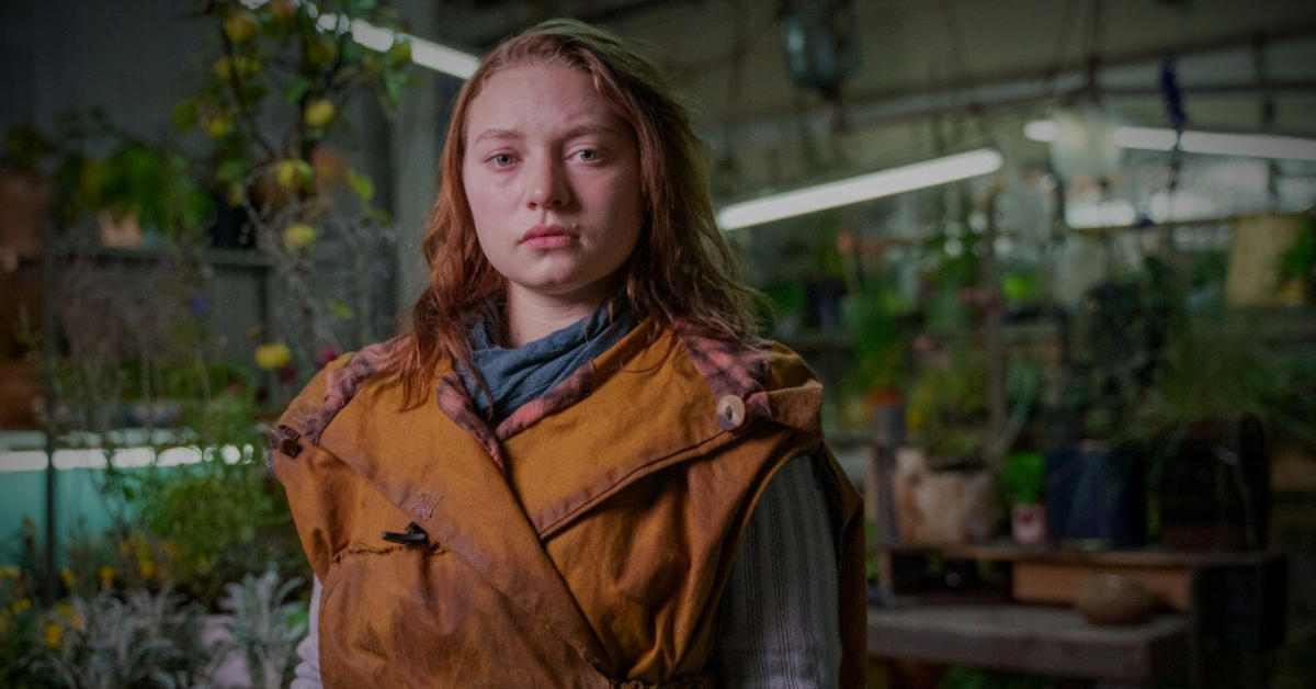 Mia Threapleton as Alma in a dystopian future in the psychological horror film Shadows (2020)